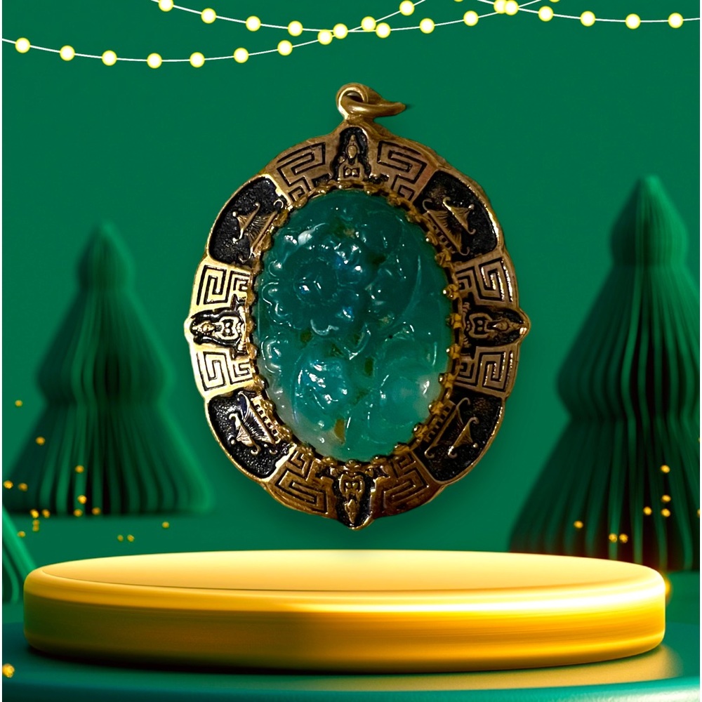 Vintage Asian Chinese Green Carved Molded Glass Faux Jade Floral Pendant